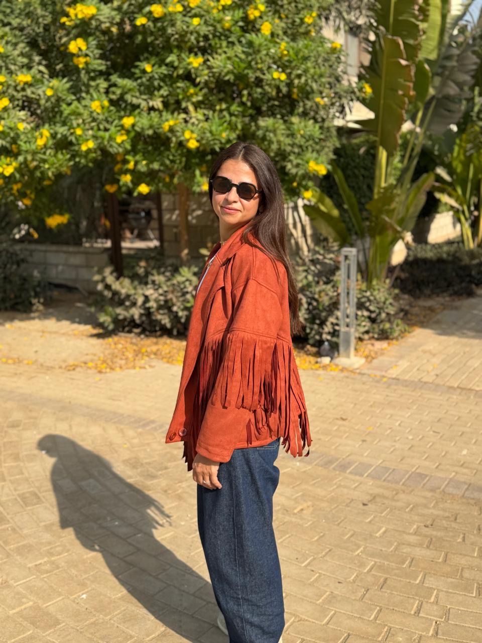 Burnt orange fringe jacket